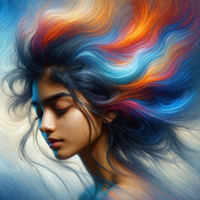 The primary subject of the image is a woman with long, flowing hair. She has a mix of blue, orange, and purple hair, giving her a unique and vibrant appearance. The setting is a colorful background, which complements the woman's hair and adds to the overall visual style. The image is a digital art or illustration, showcasing the woman's beauty and the vivid colors of her hair. The mood of the image is lively and energetic, as the woman's